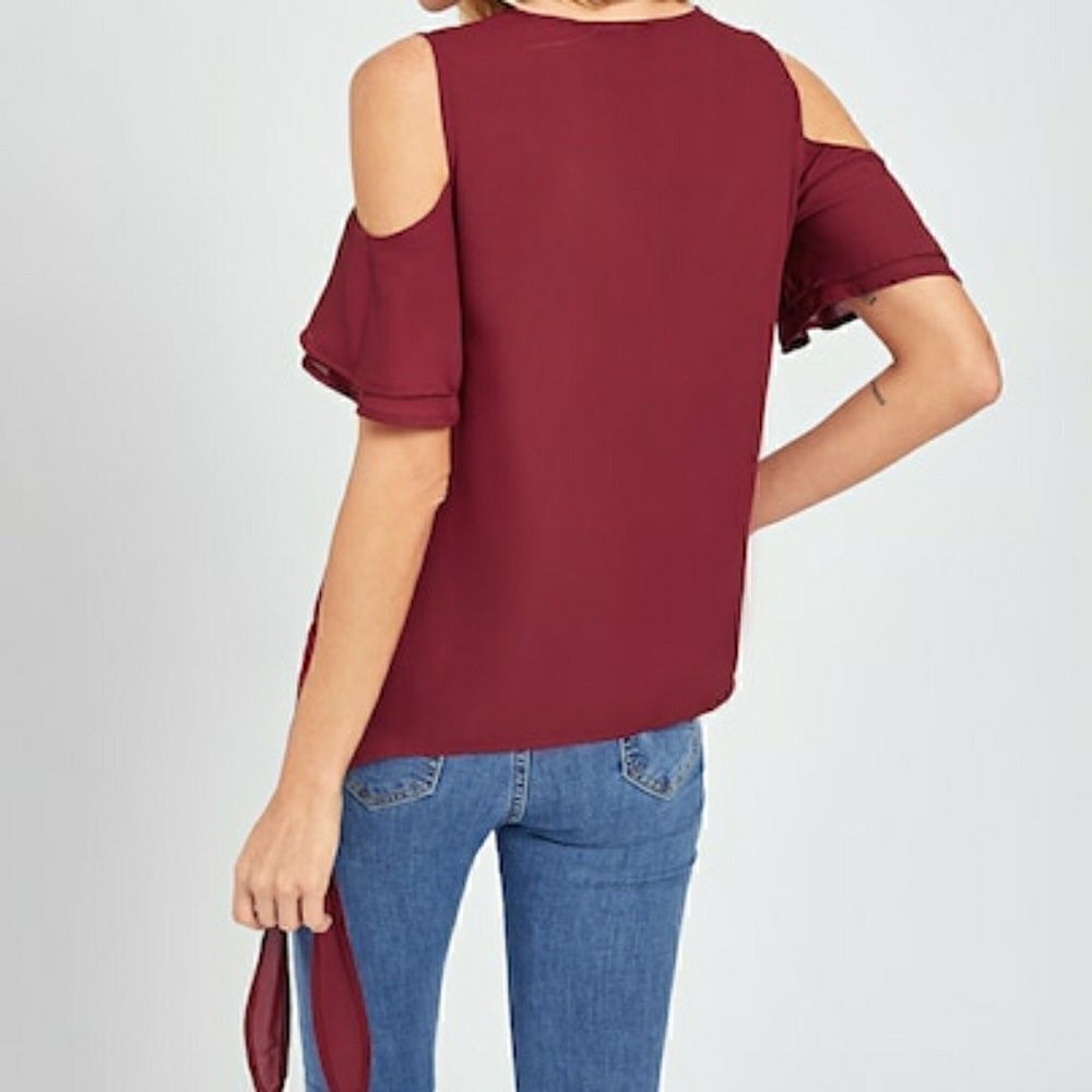 SHEIN wine cold shoulder layered sleeve wrap top, new with tags - Picture 5 of 7